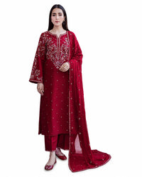 Elegant Deep Maroon Embroidered 3-Piece Traditional Suit Set
