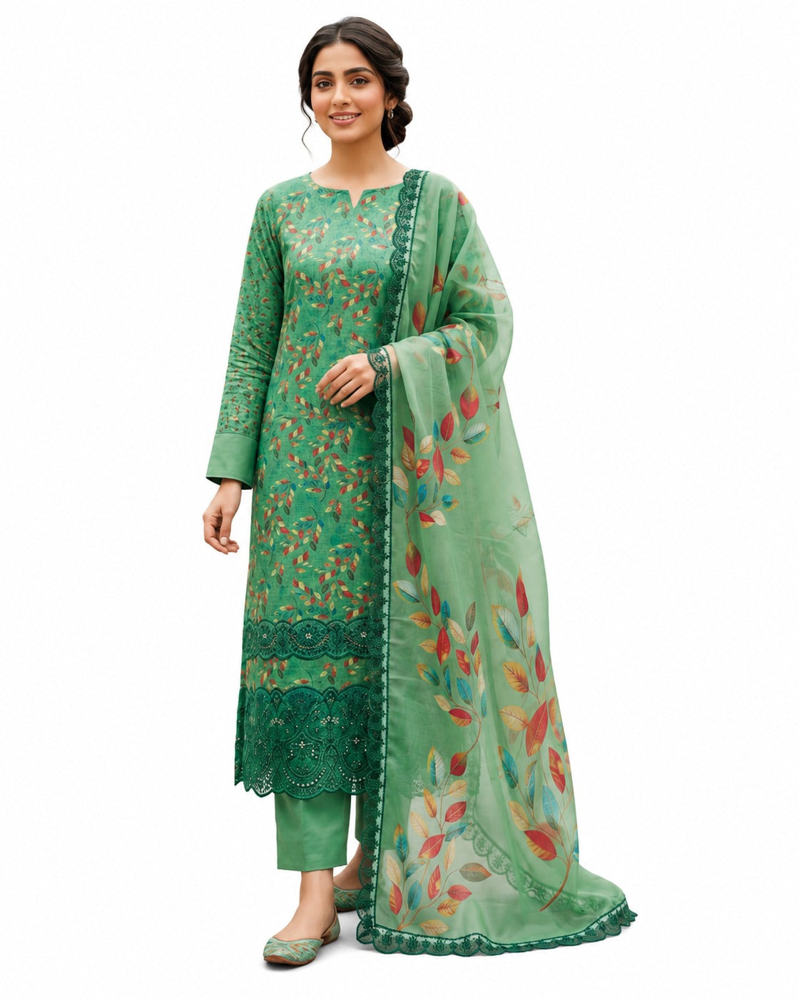 Emerald Breeze – Green Printed & Embroidered Suit Set