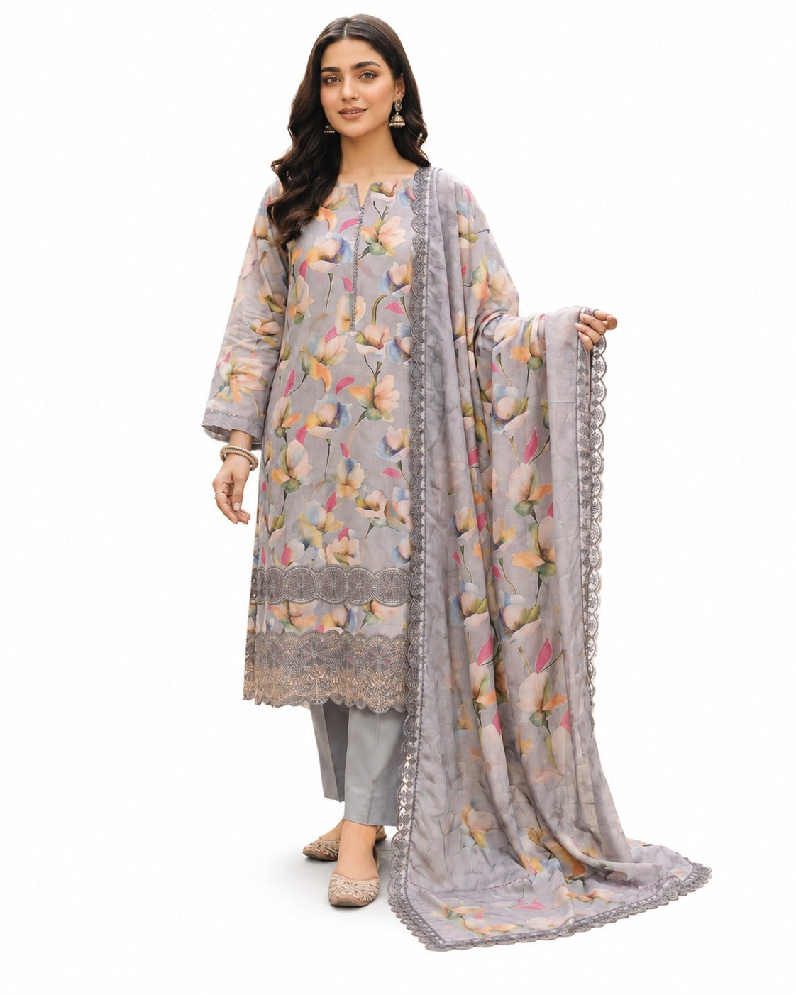 Misty Blossom – Floral Printed Grey Luxury Suit Set