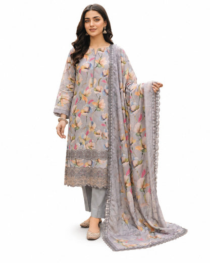 Misty Blossom – Floral Printed Grey Luxury Suit Set