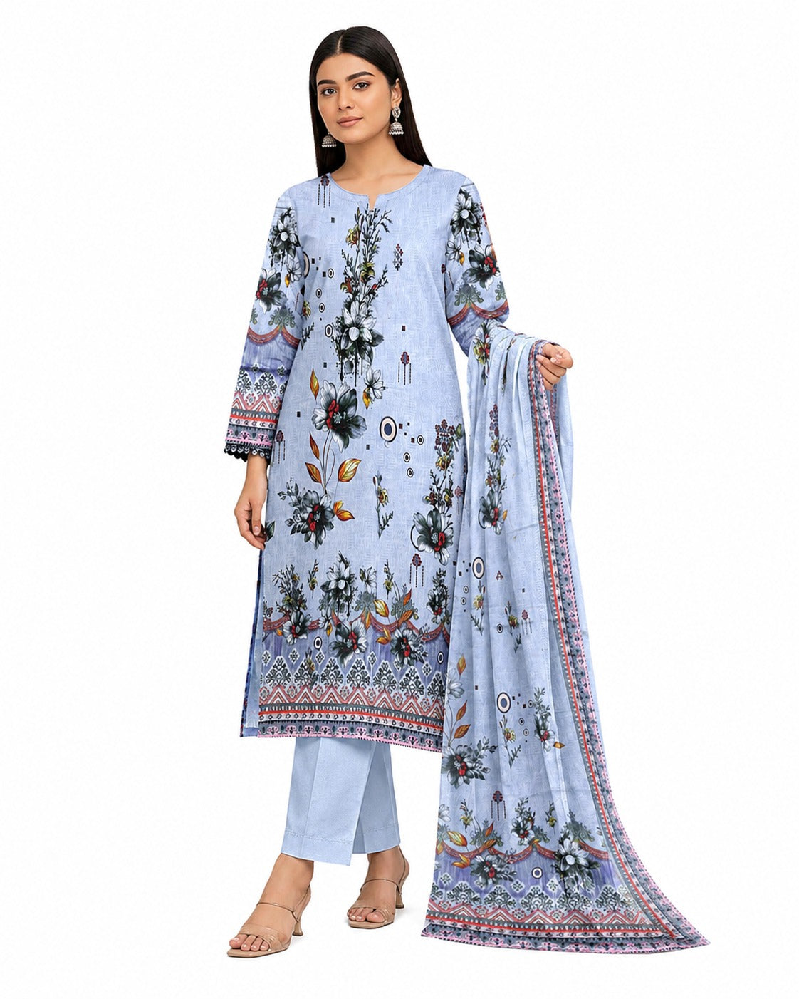 Sky Blossom – Powder Blue Floral Printed Three-Piece Suit