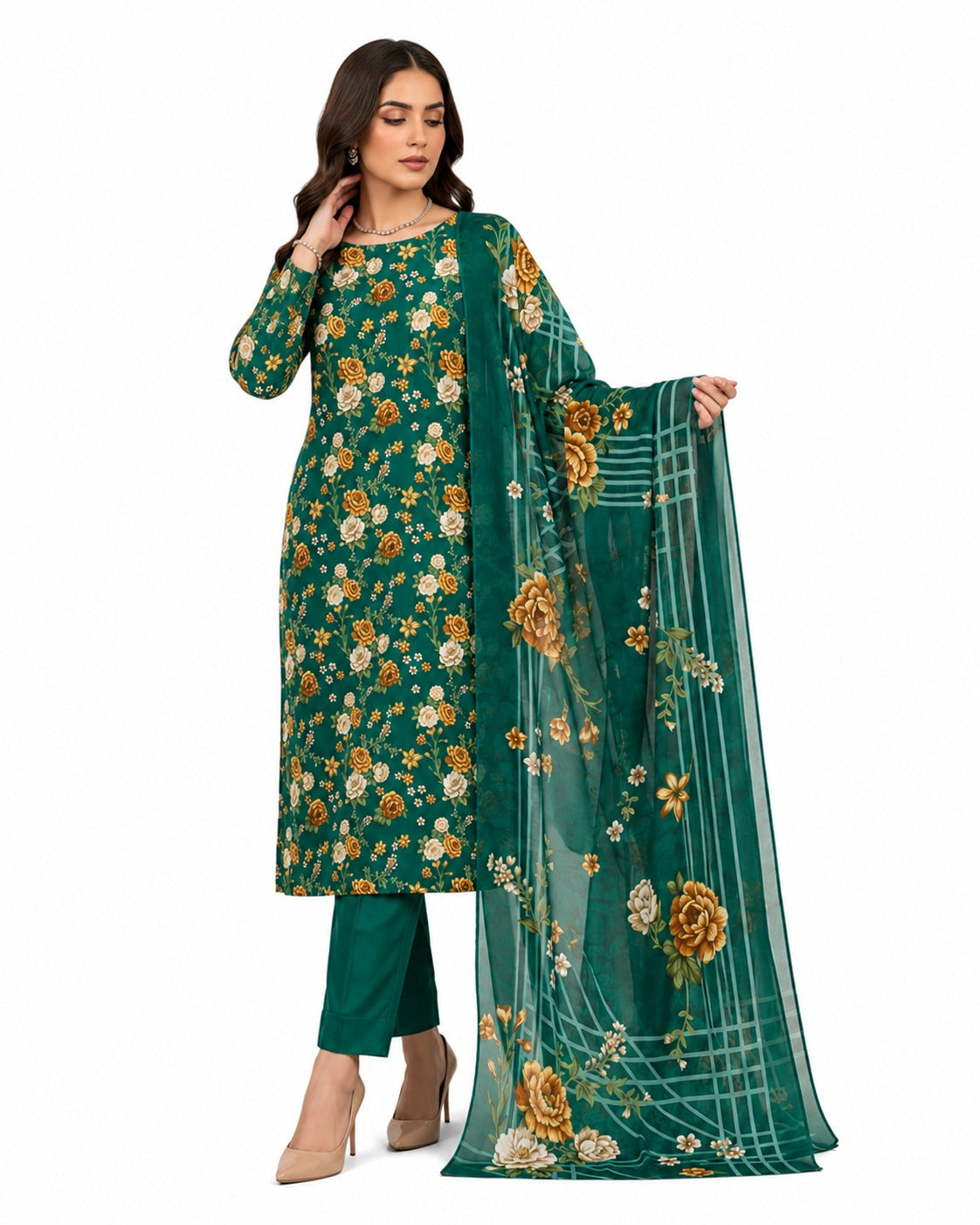 Emerald Garden – Floral Printed Green Three-Piece Suit