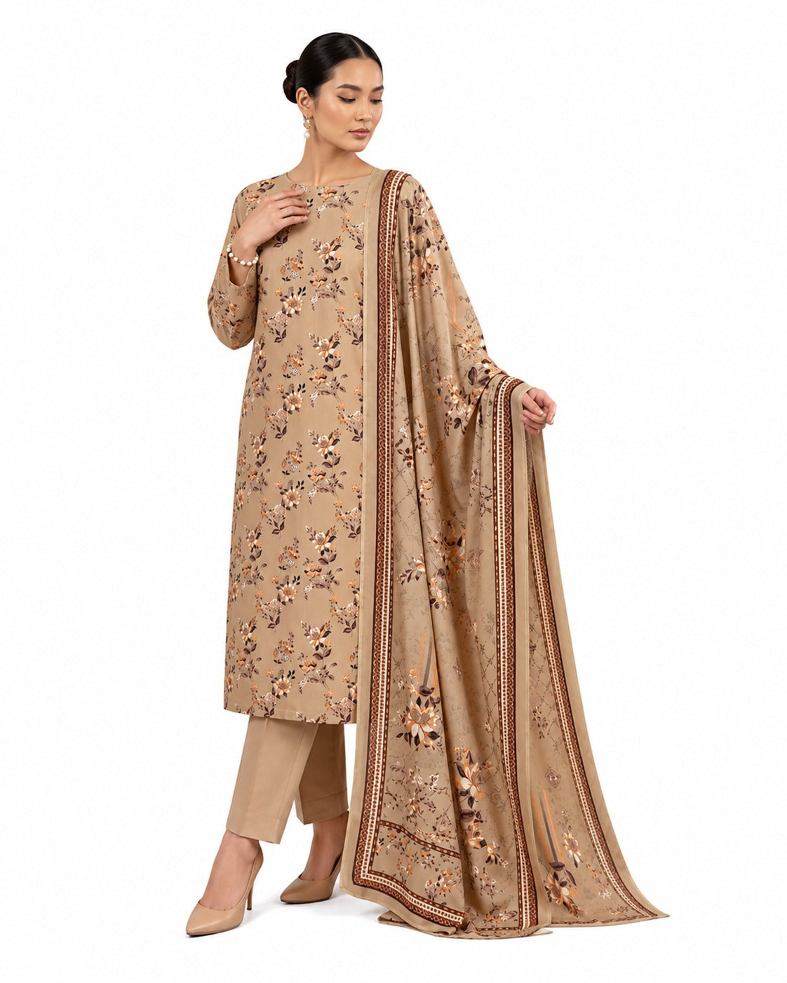 Desert Bloom – Beige Floral Printed Three-Piece Suit
