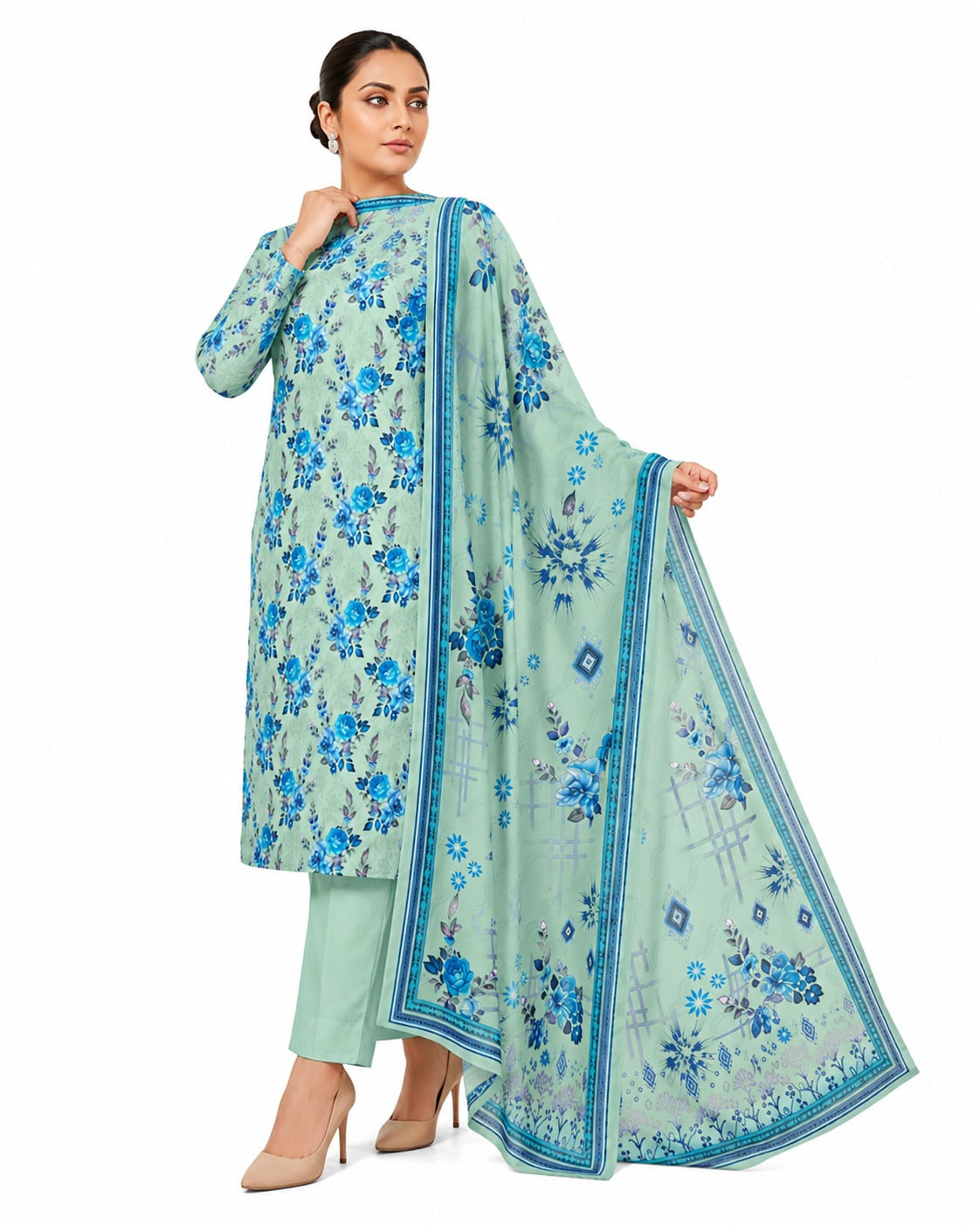 Mint Blossom – Pastel Blue Floral Printed Three-Piece Suit