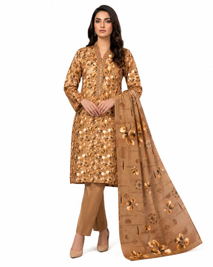 Golden Aura – Beige Floral Printed Three-Piece Suit