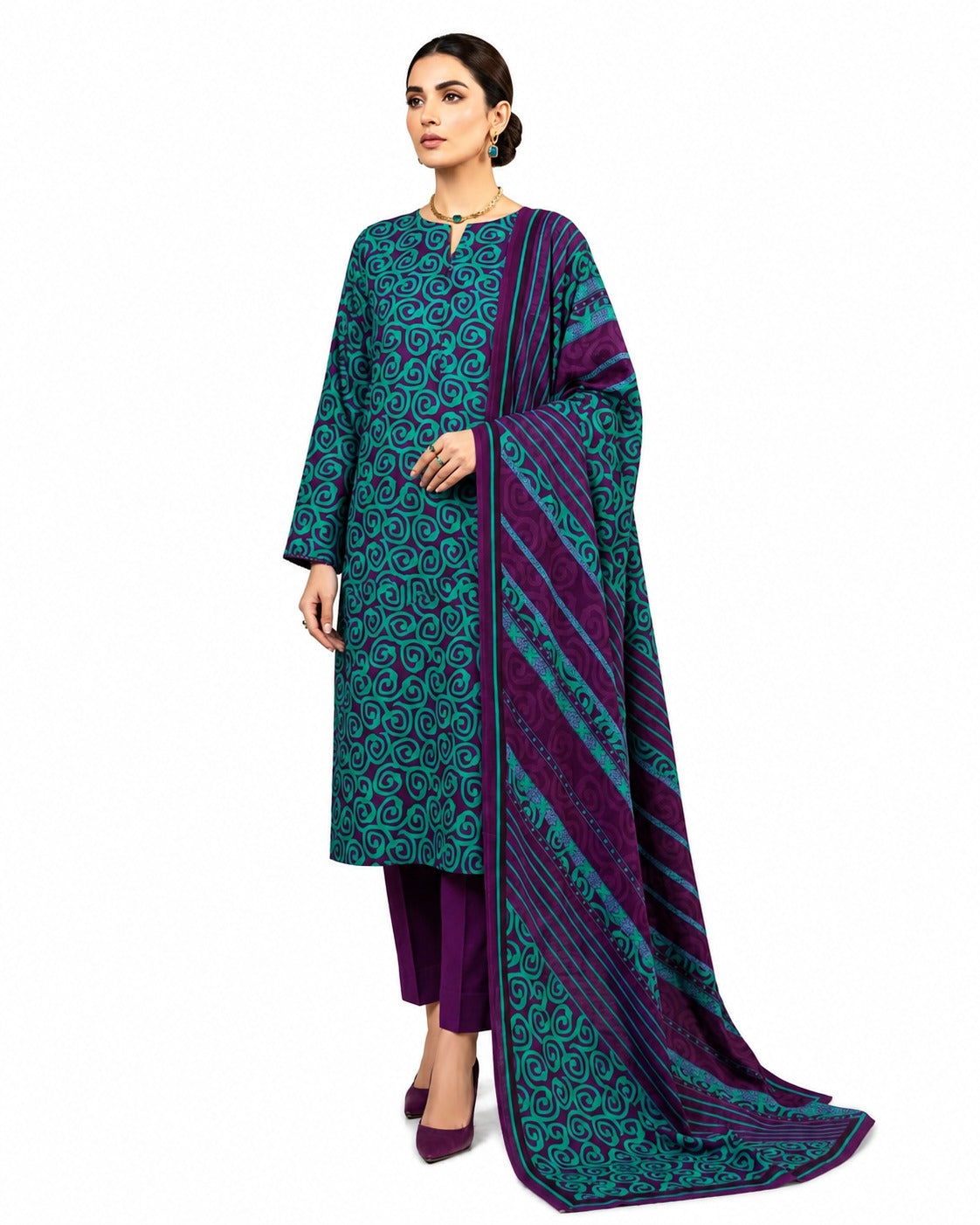 Royal Fusion – Teal & Purple Printed Three-Piece Suit