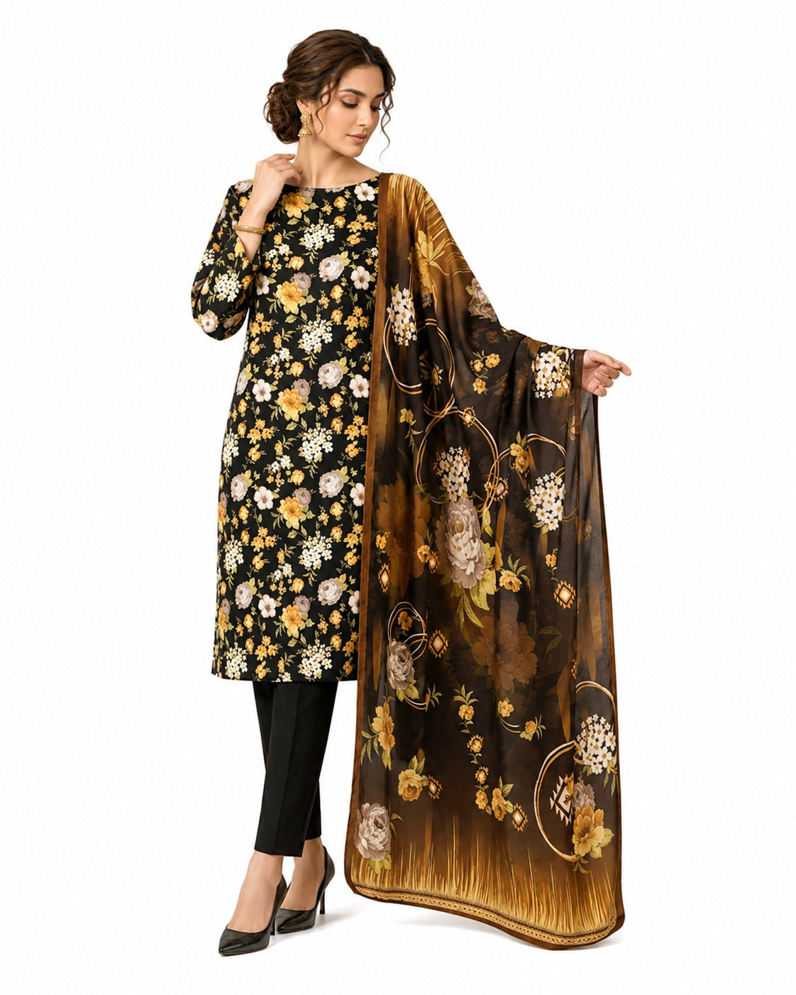 Golden Bloom – Floral Printed Black Three-Piece Suit