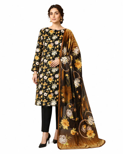 Golden Bloom – Floral Printed Black Three-Piece Suit
