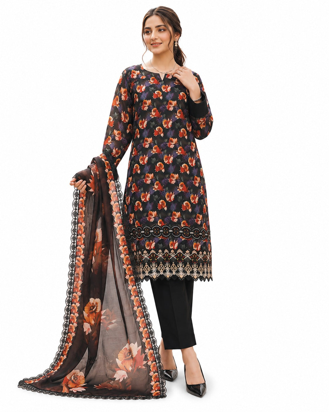 Midnight Blossom – Black Floral Printed Suit Set