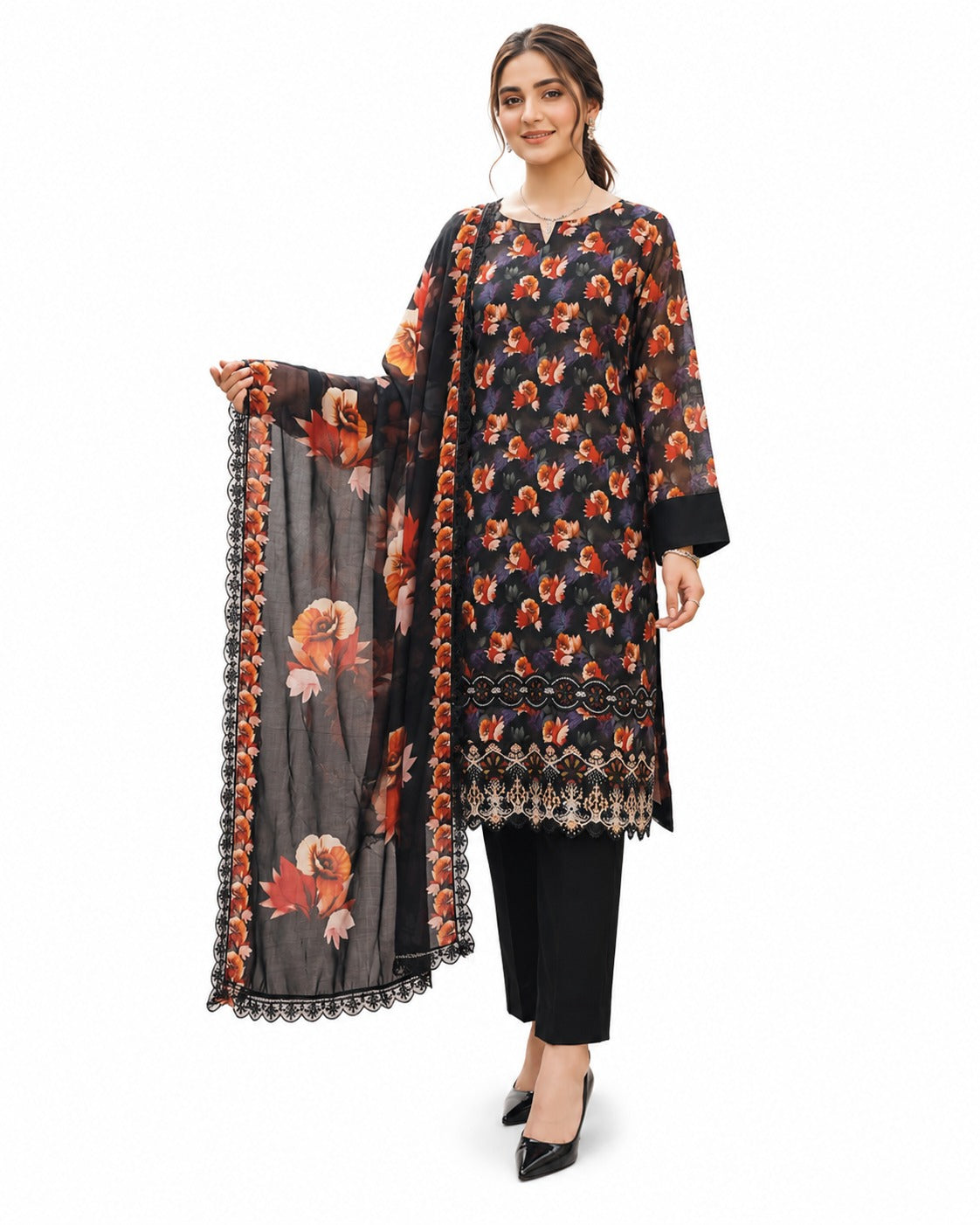 Midnight Blossom – Black Floral Printed Suit Set