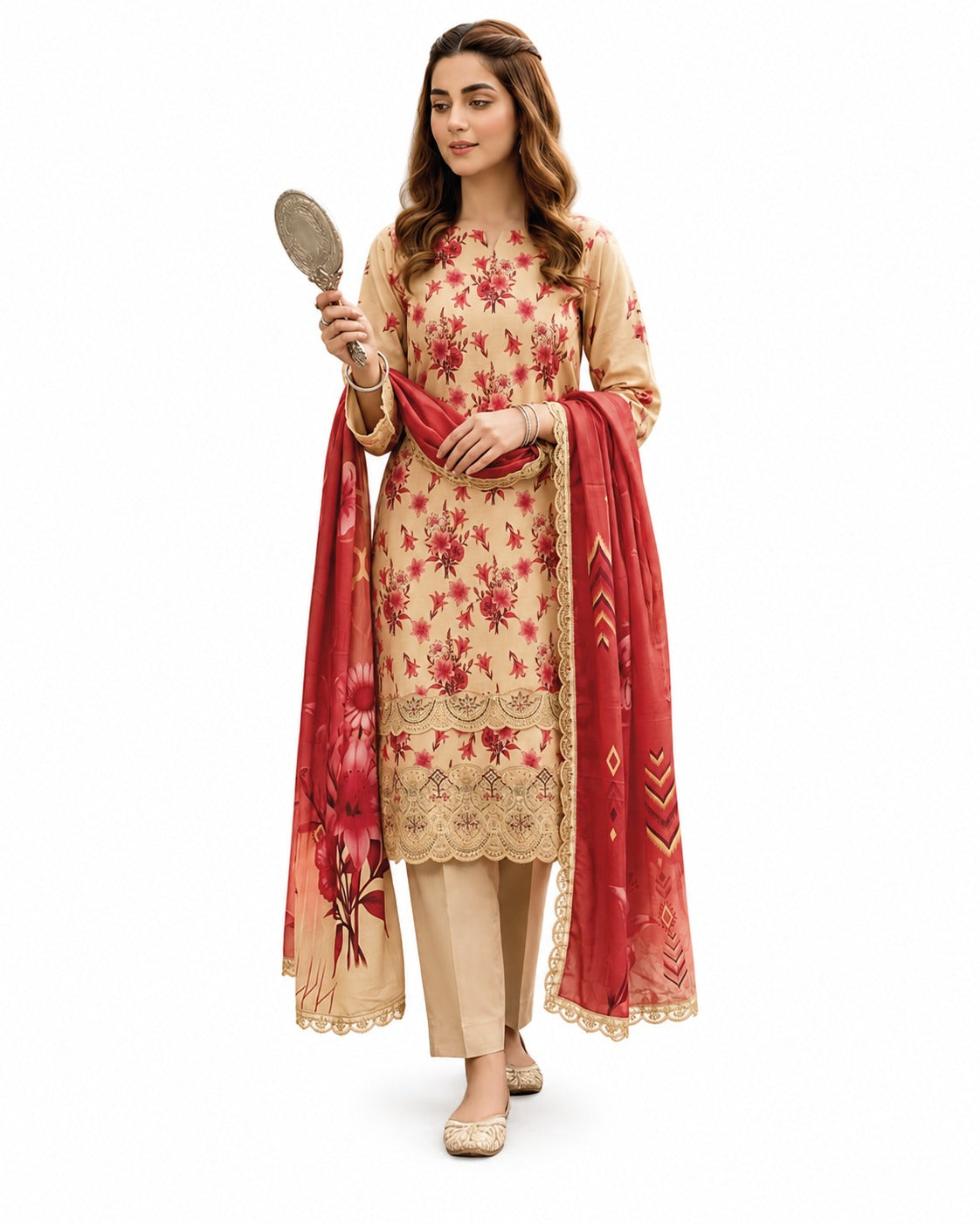 Crimson Bloom – Beige Floral Printed Suit Set
