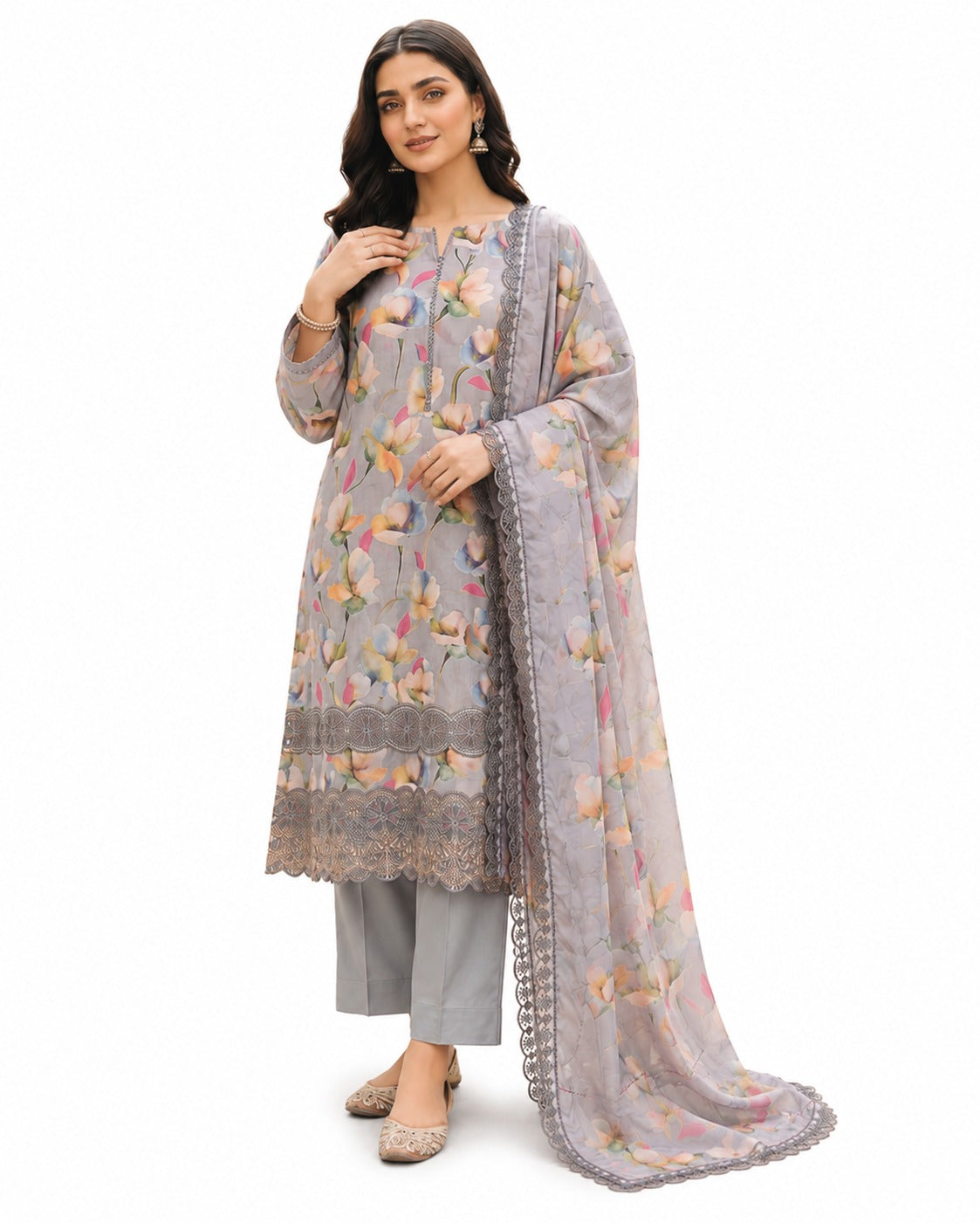 Misty Blossom – Floral Printed Grey Luxury Suit Set