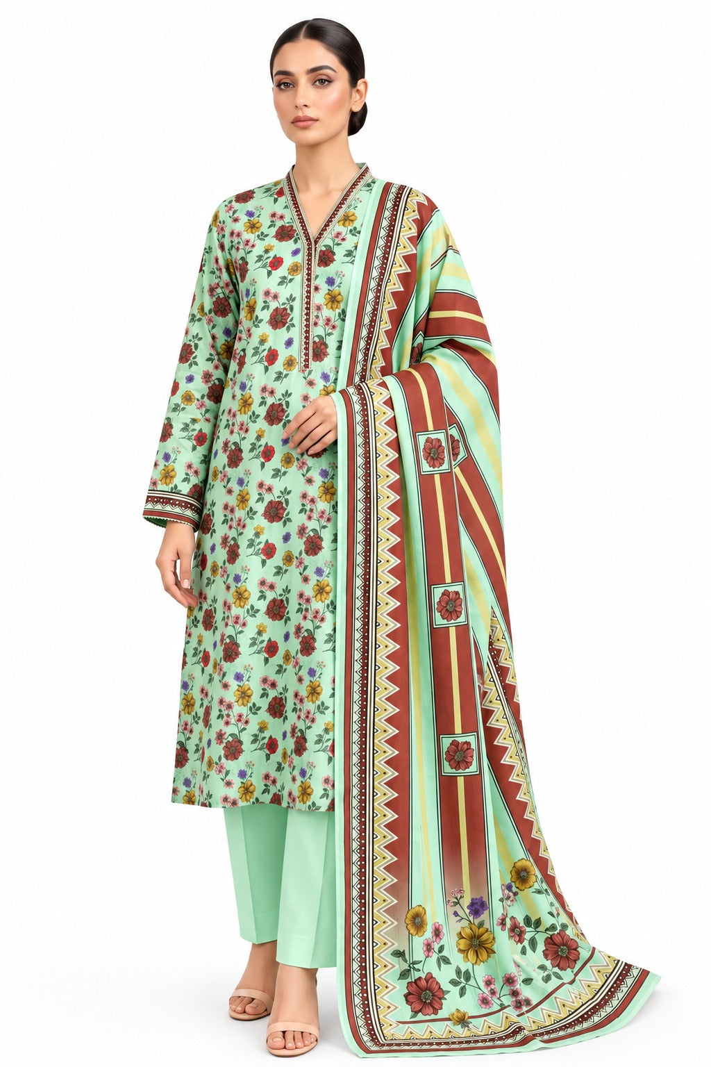 Mint Blossom Printed 3-Piece Lawn Suit