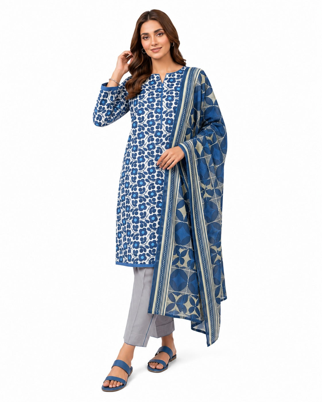 Blue Floral Printed 3-Piece Lawn Suit
