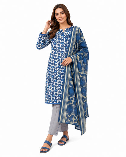 Blue Floral Printed 3-Piece Lawn Suit