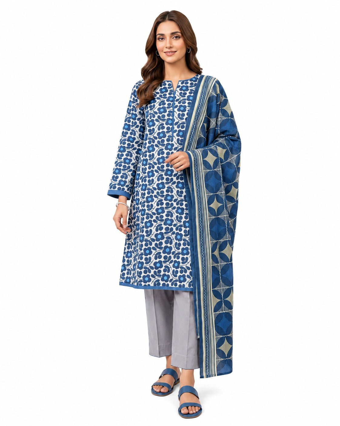 Blue Floral Printed 3-Piece Lawn Suit