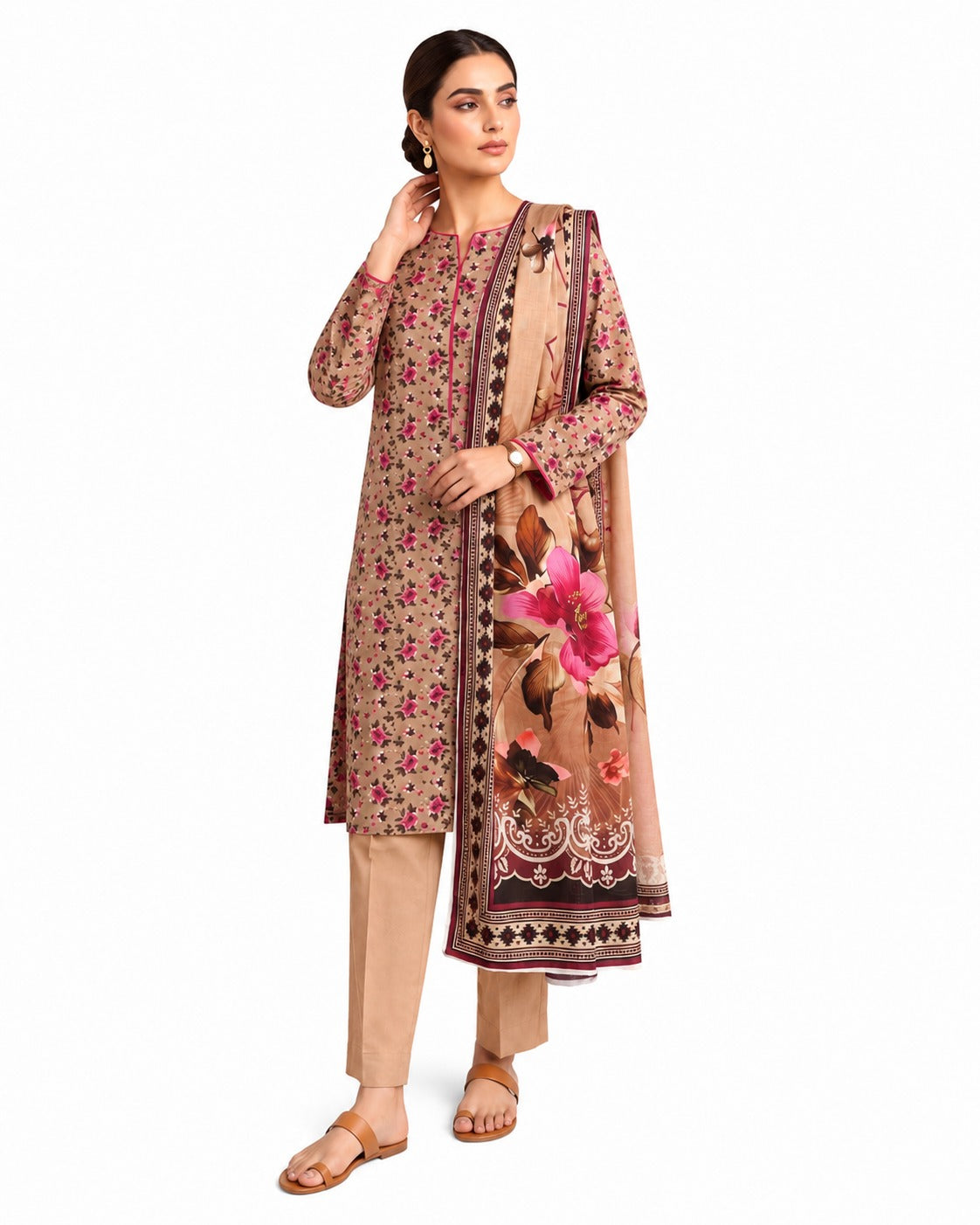 Beige Floral Elegance 3-Piece Lawn Suit