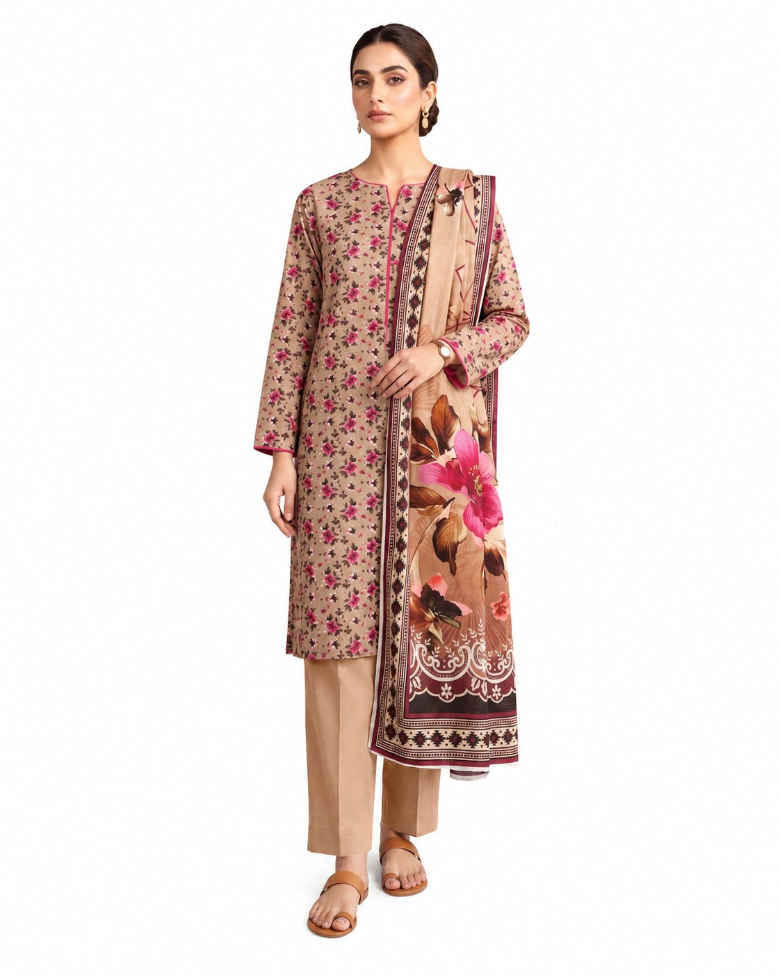 Beige Floral Elegance 3-Piece Lawn Suit