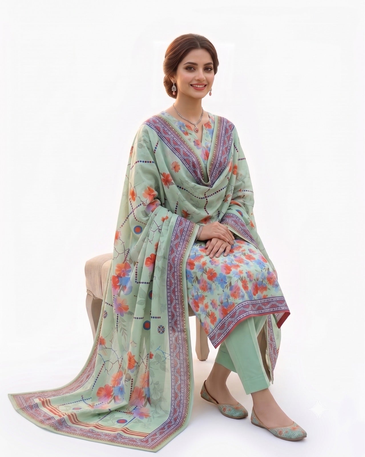 Mint Green Floral Printed Lawn Suit | Elegant 3 Piece Summer Collection