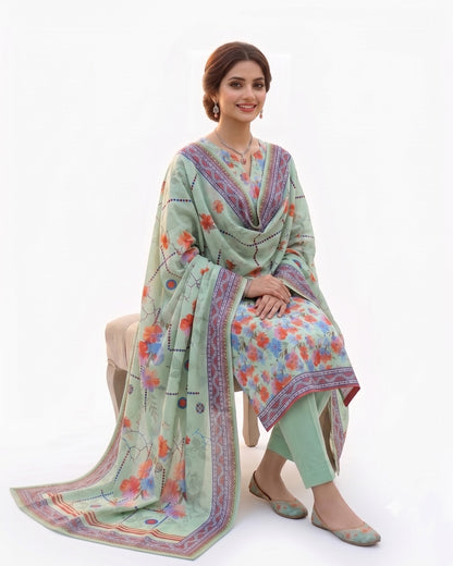 Mint Green Floral Printed Lawn Suit | Elegant 3 Piece Summer Collection