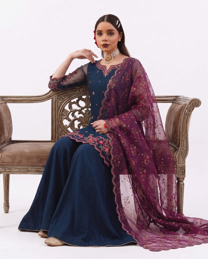 Midnight Bloom Embroidered 3-Piece Festive Suit