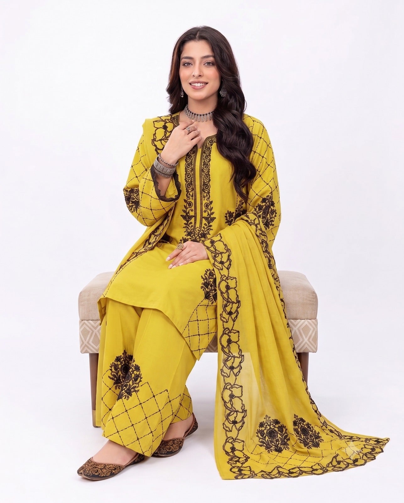 Mustard Noir Embroidered 3-Piece Festive Suit