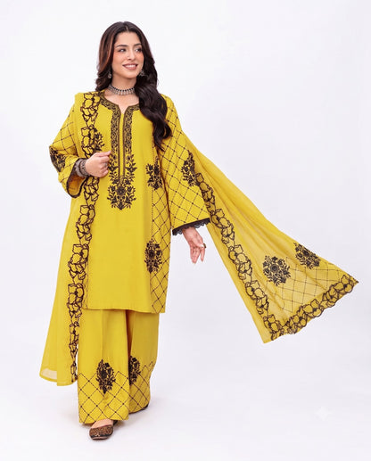 Mustard Noir Embroidered 3-Piece Festive Suit