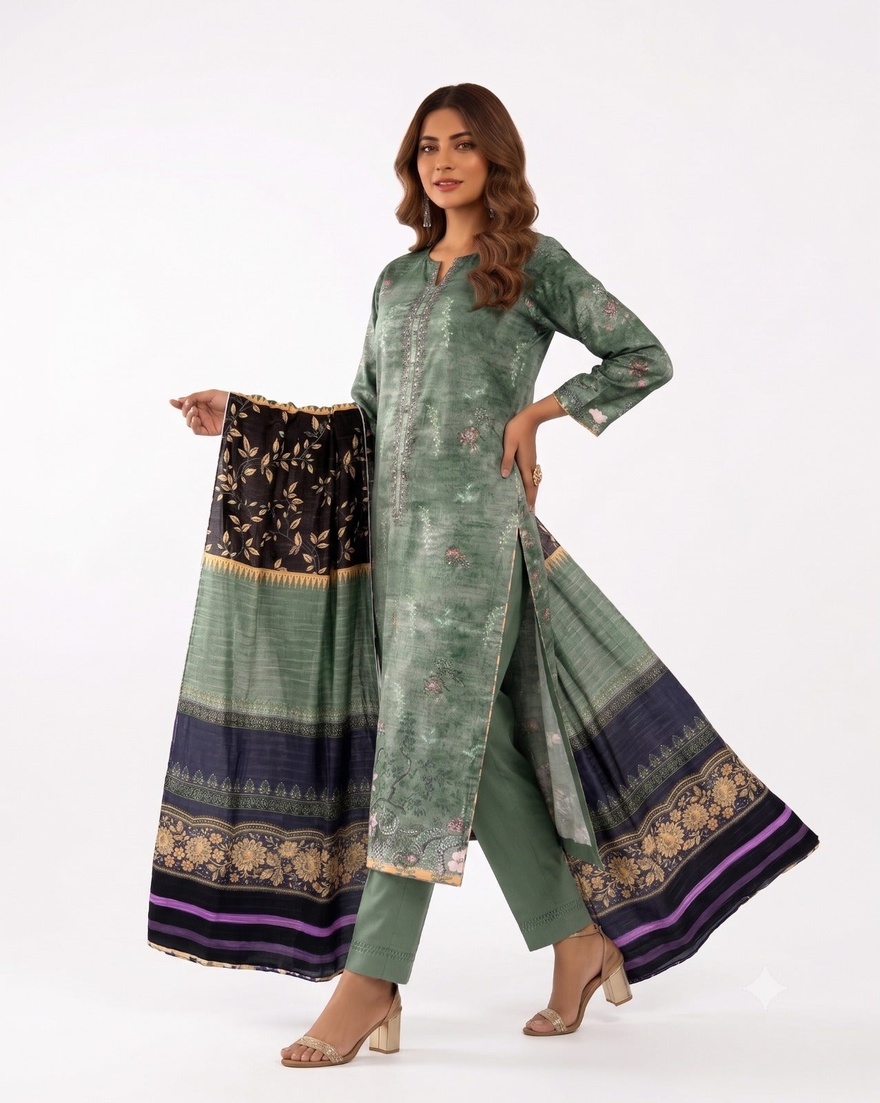 Women's Sage Green Floral Printed 3-Piece Unstitched Suit with Elegant Contrast Dupatta