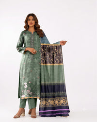 Women's Sage Green Floral Printed 3-Piece Unstitched Suit with Elegant Contrast Dupatta