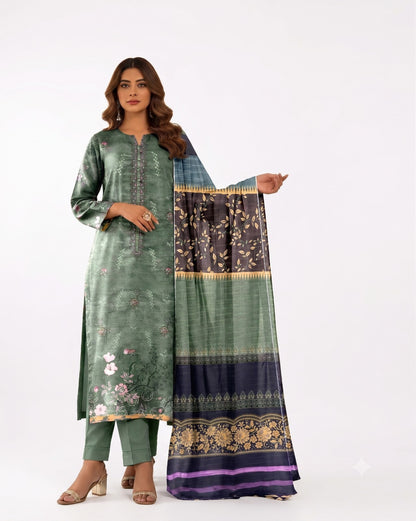Women's Sage Green Floral Printed 3-Piece Unstitched Suit with Elegant Contrast Dupatta