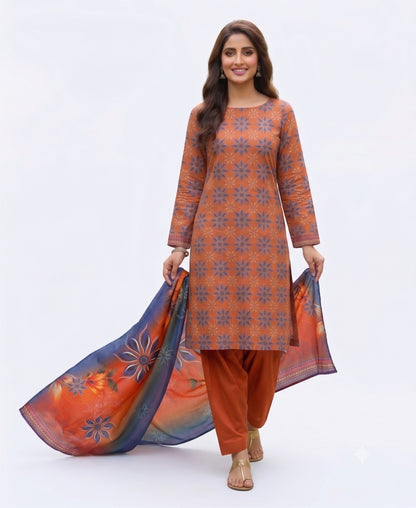 Women's Rust Orange Floral Printed 3-Piece Unstitched Suit with Multicolor Digital Printed Dupatta