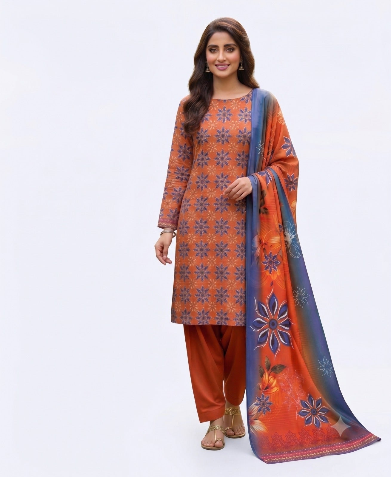 Women's Rust Orange Floral Printed 3-Piece Unstitched Suit with Multicolor Digital Printed Dupatta