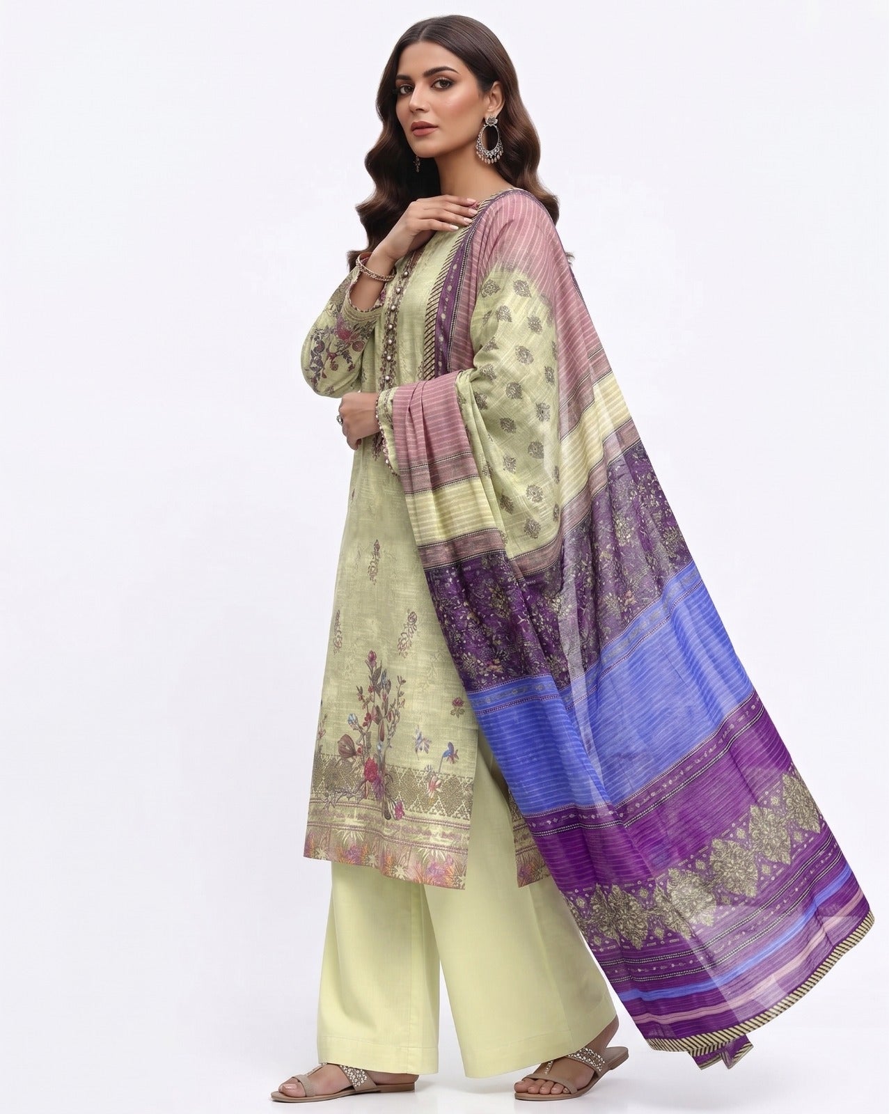 Daman Vol-1097 Light Pistachio Floral Printed 3-Piece Unstitched Lawn Suit with Multicolor Dupatta