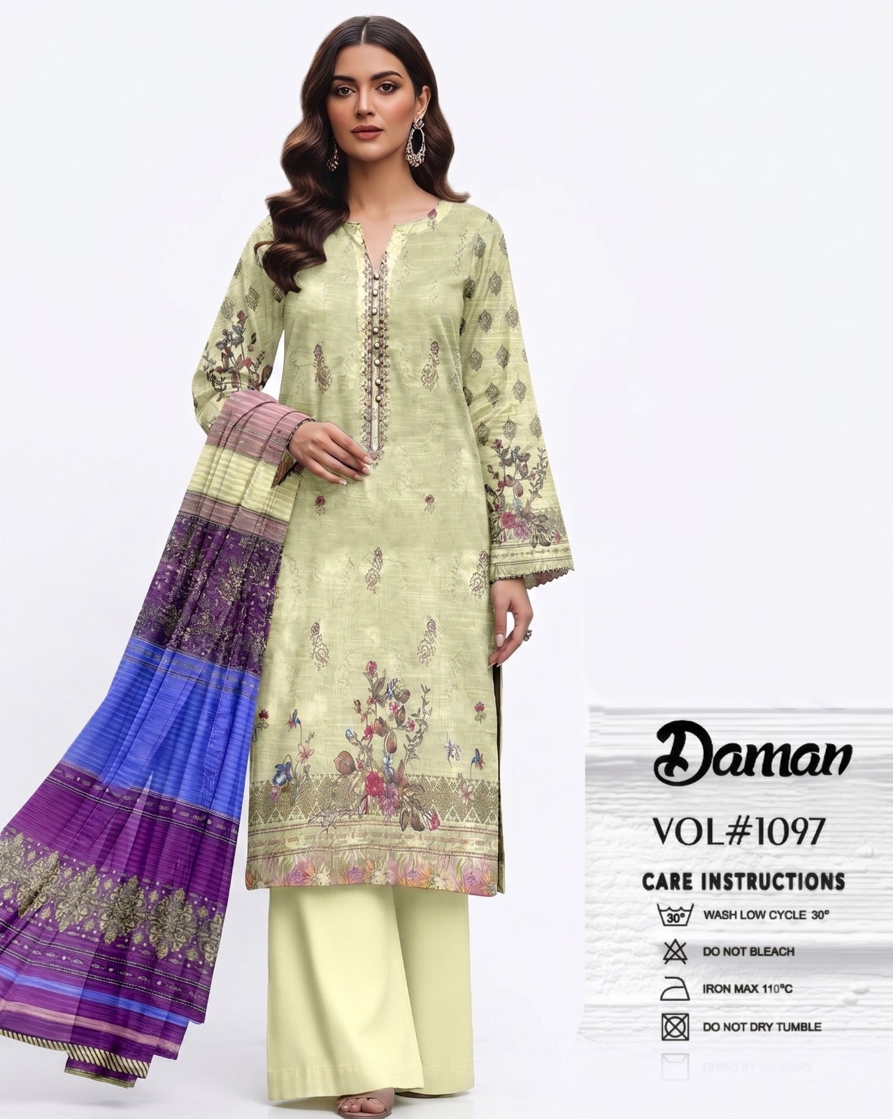 Daman Vol-1097 Light Pistachio Floral Printed 3-Piece Unstitched Lawn Suit with Multicolor Dupatta