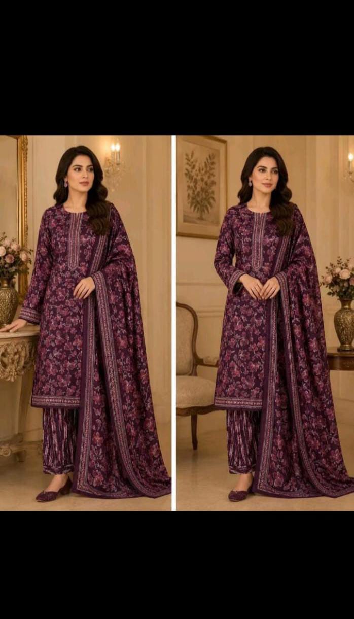 Elegant Plum Floral 3-Piece Printed Lawn Suit with Matching Dupatta