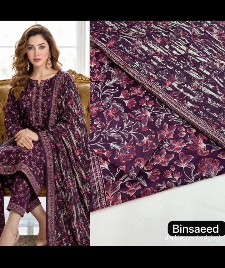 Bin Saeed 3PC Lawn Suit – Plum Purple Floral Printed Collection