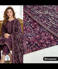 Bin Saeed 3PC Lawn Suit – Plum Purple Floral Printed Collection