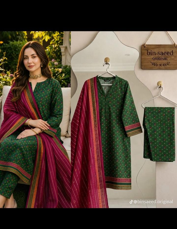 Bin Saeed 3PC Lawn Suit – Emerald Green with Magenta Printed Dupatta