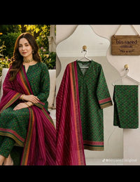 Bin Saeed 3PC Lawn Suit – Emerald Green with Magenta Printed Dupatta
