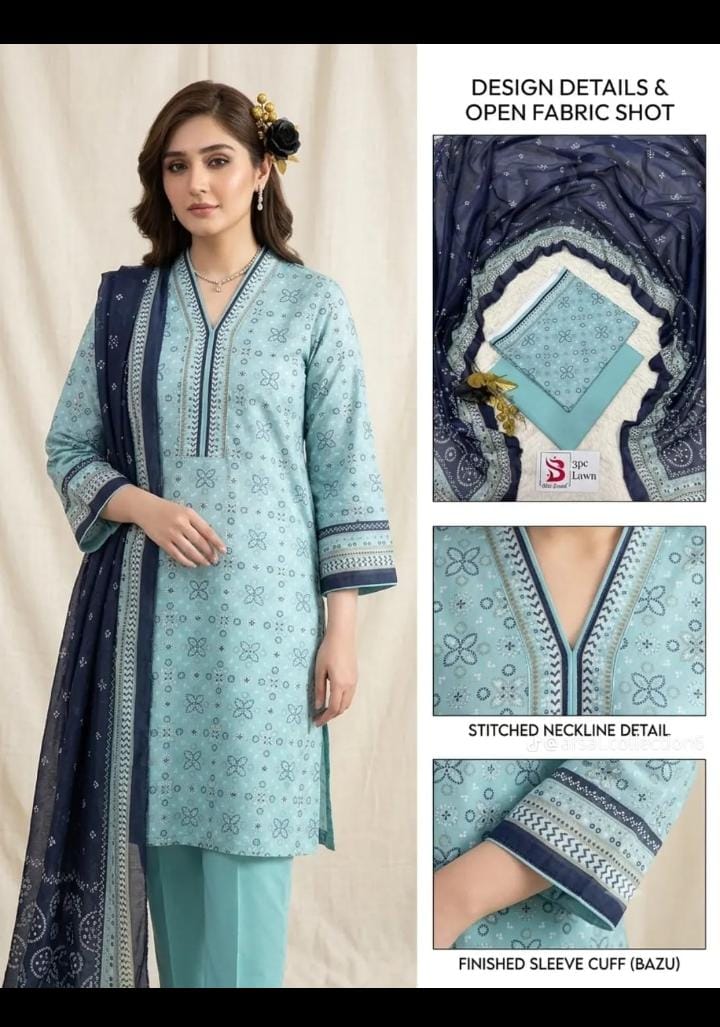 Bin Saeed 3PC Lawn Suit – Sky Blue & Navy Floral Printed Collection