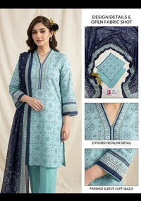 Bin Saeed 3PC Lawn Suit – Sky Blue & Navy Floral Printed Collection