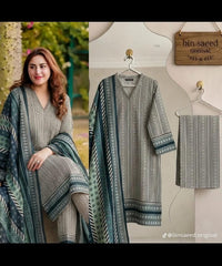 Teal Grey Geometric Printed 3PC Lawn Suit – Modern Classic Collection