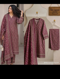 Rosewood Mauve Printed 3PC Lawn Suit – Elegant Everyday Wear