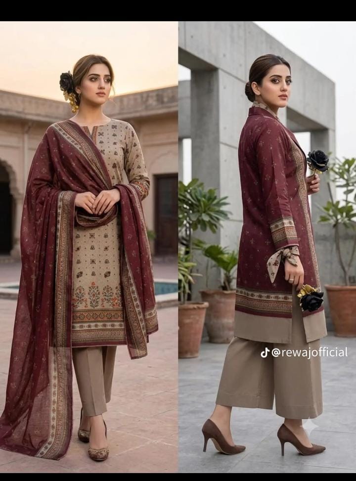 Maroon & Beige Printed 3PC Lawn Suit – Classic Heritage Collection