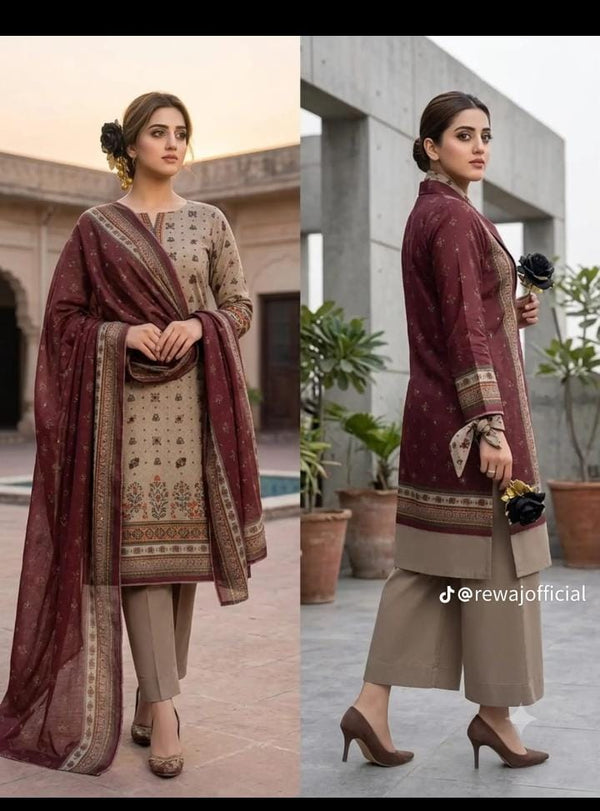 Maroon & Beige Printed 3PC Lawn Suit – Classic Heritage Collection