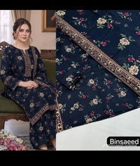 Midnight Bloom Printed 3PC Lawn Suit – Navy Blue Floral Elegance