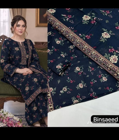 Midnight Bloom Printed 3PC Lawn Suit – Navy Blue Floral Elegance