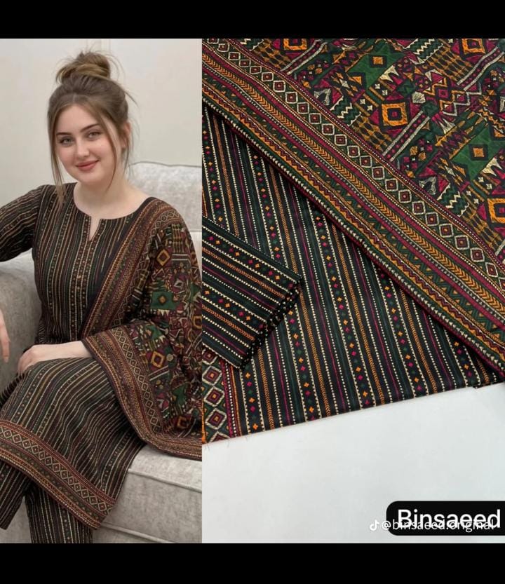 Bin Saeed 3PC Lawn Suit – Black Ethnic Printed Collection