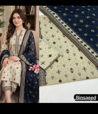 Bin Saeed 3PC Lawn Suit – Beige & Navy Printed Collection