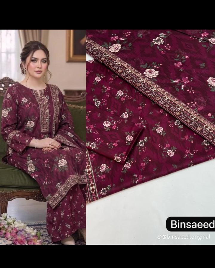 Bin Saeed 3PC Lawn Suit – Deep Plum Floral Printed Collection